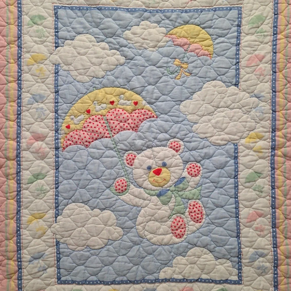 Vintage Teddy Bear Umbrella Quilt Pastel Pink Blue Eyelet Lace Baby Blanket